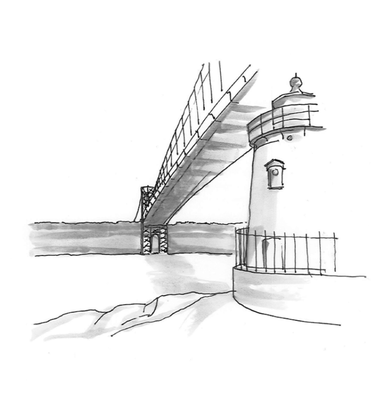 illustration of the George Washington Bridge as viewed from the Little Red Lighthouse looking across the Hudson