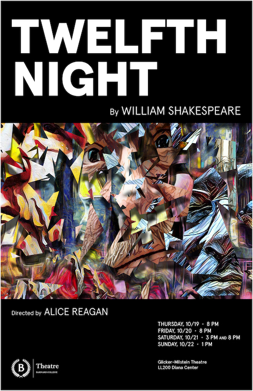 Poster for Twelfth Night is black with white text overlaid over a busy cubist image.