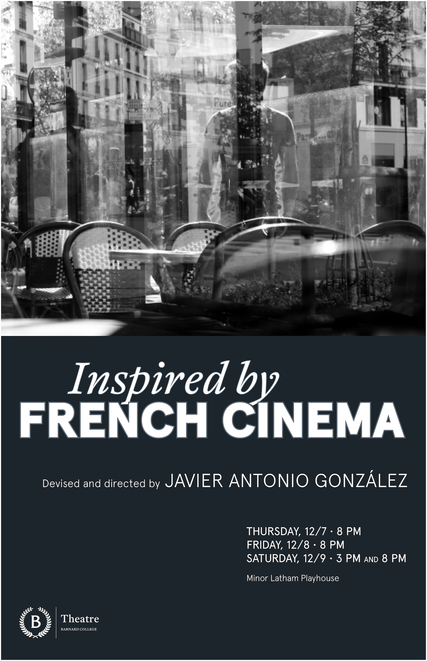 Poster for Inspired by French Cinema shows a black and white photo of a cafe table and its reflection in a window.